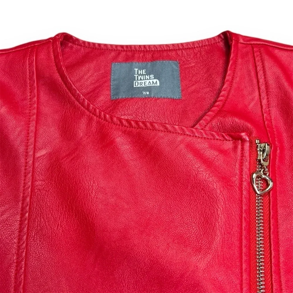 The Twins Dream Girl 7/8 Red Vegan Leather Dress Coat Jacket Rose Peplum Holiday